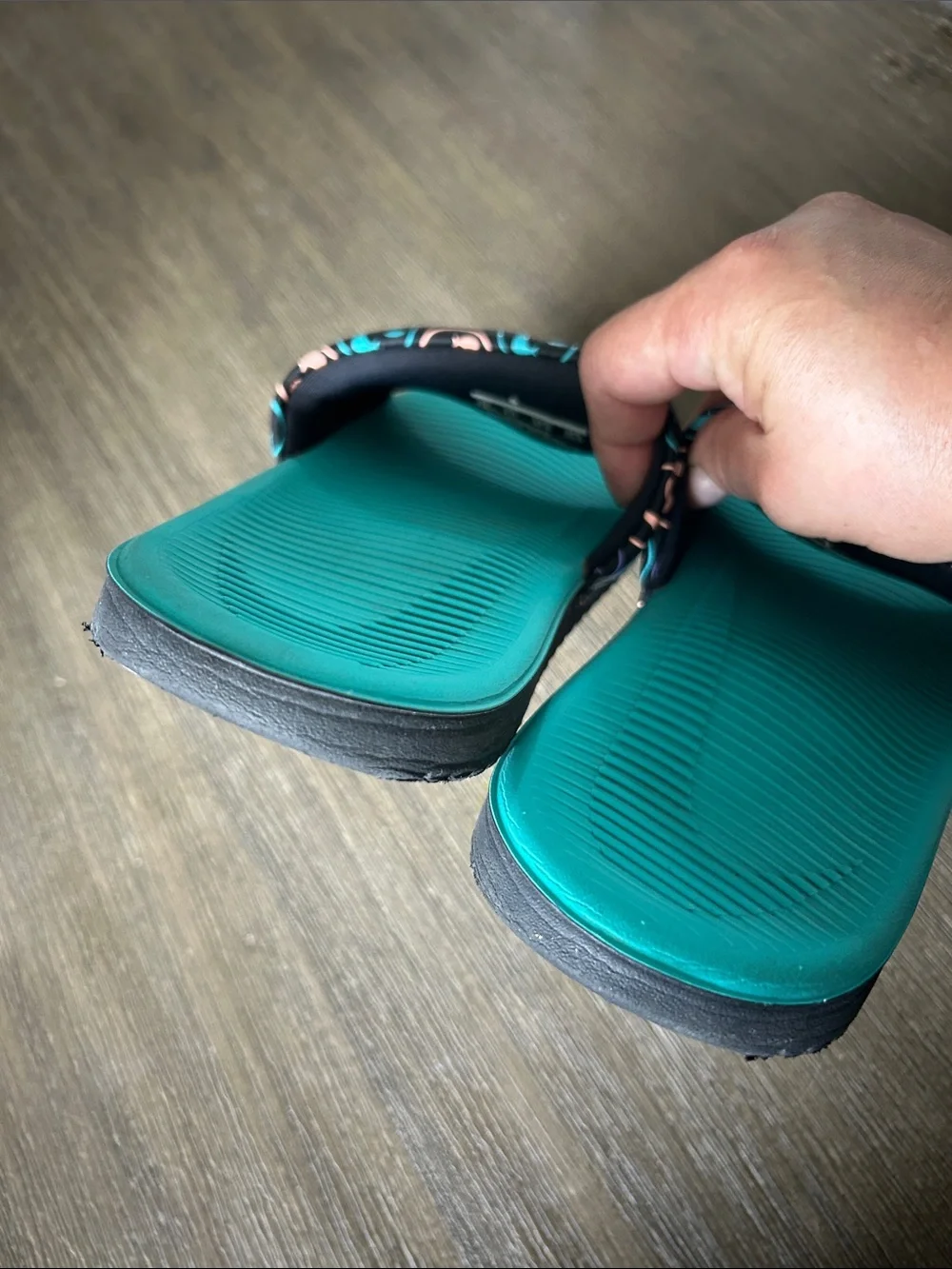 Nike Teal Slide Sandals with Multicolor Smiley Strap, Sz. 5Y.